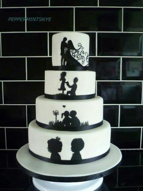 Four-tier love story silhouette wedding cake